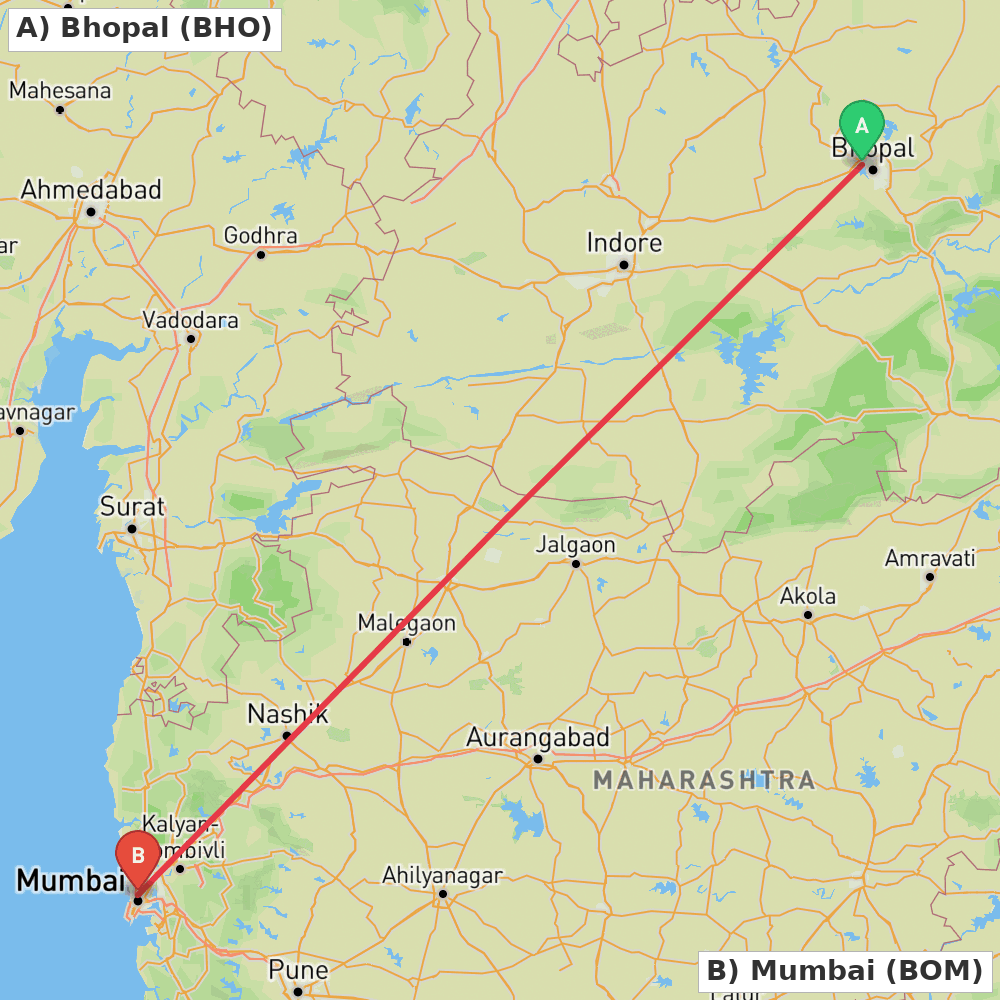 Flight route map from Bhopal to Mumbai