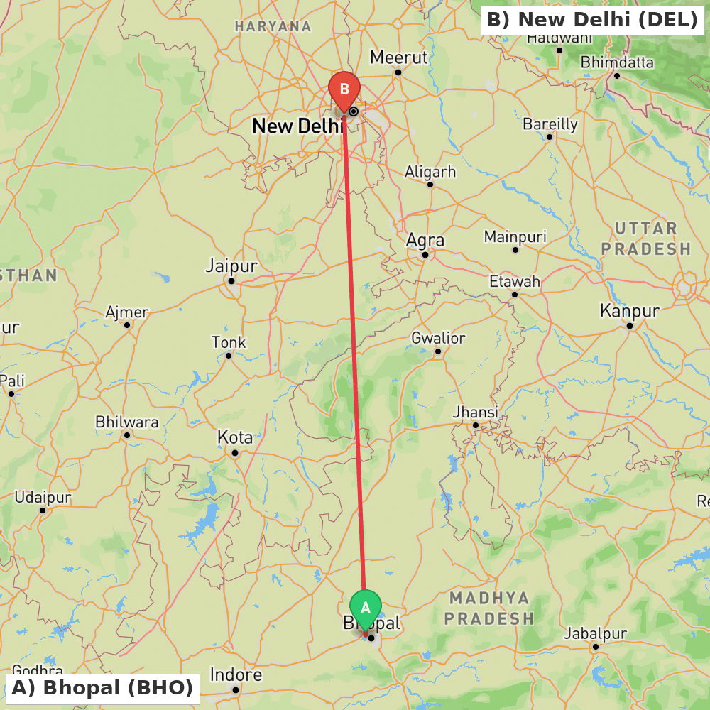 Flight route map from Bhopal to New Delhi