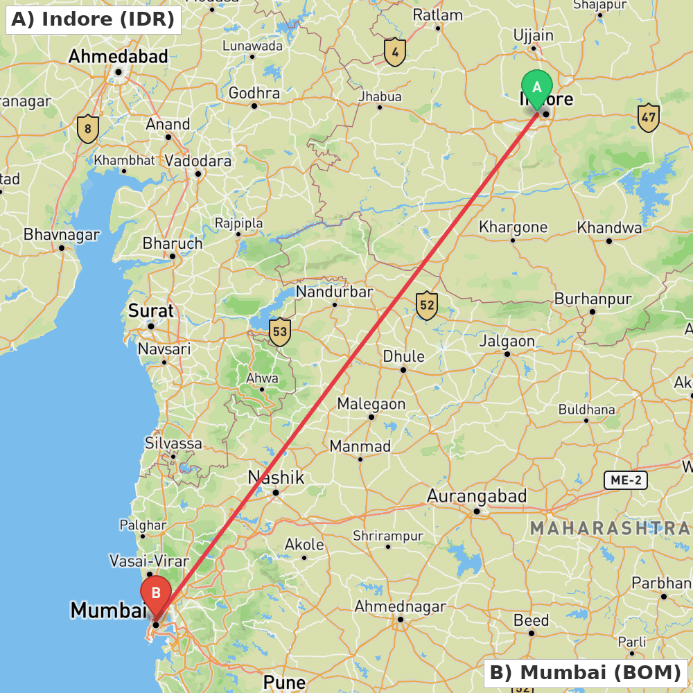 Flight route map from Indore to Mumbai
