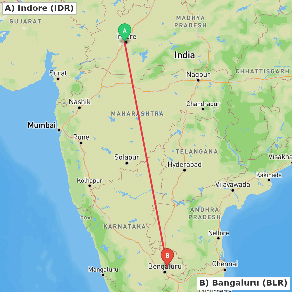 Flight route map from Indore to Bangaluru