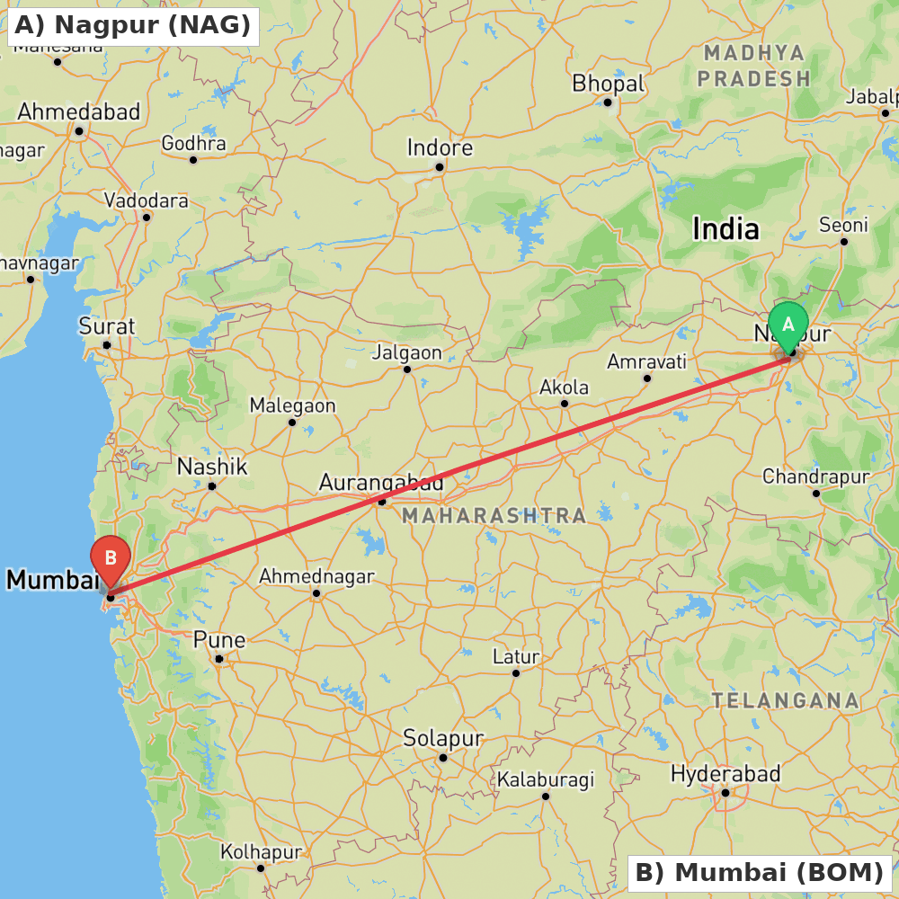Flight route map from Nagpur to Mumbai
