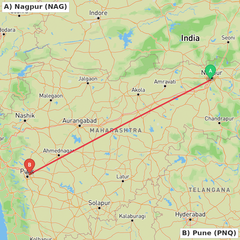 Flight route map from Nagpur to Pune