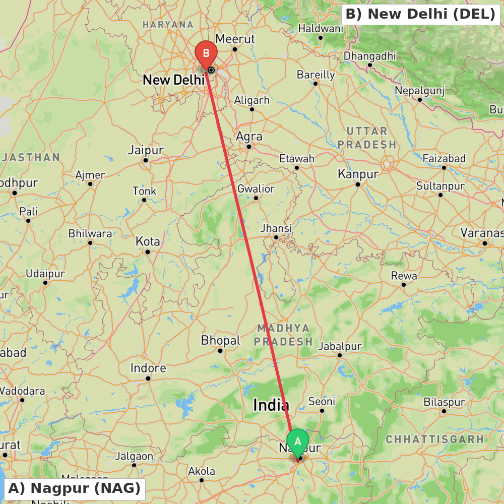 Flight route map from Nagpur to New Delhi