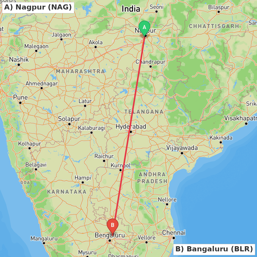 Flight route map from Nagpur to Bangaluru