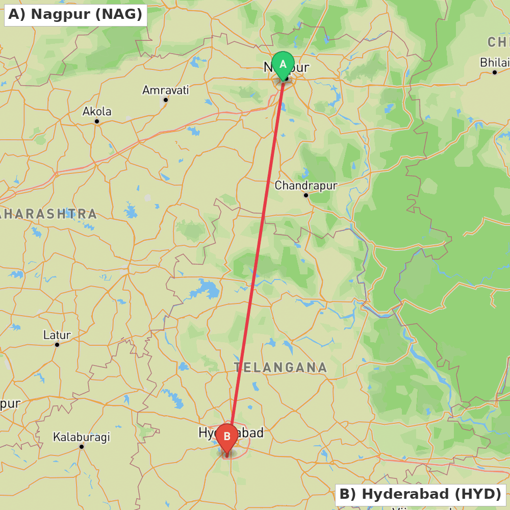 Flight route map from Nagpur to Hyderabad