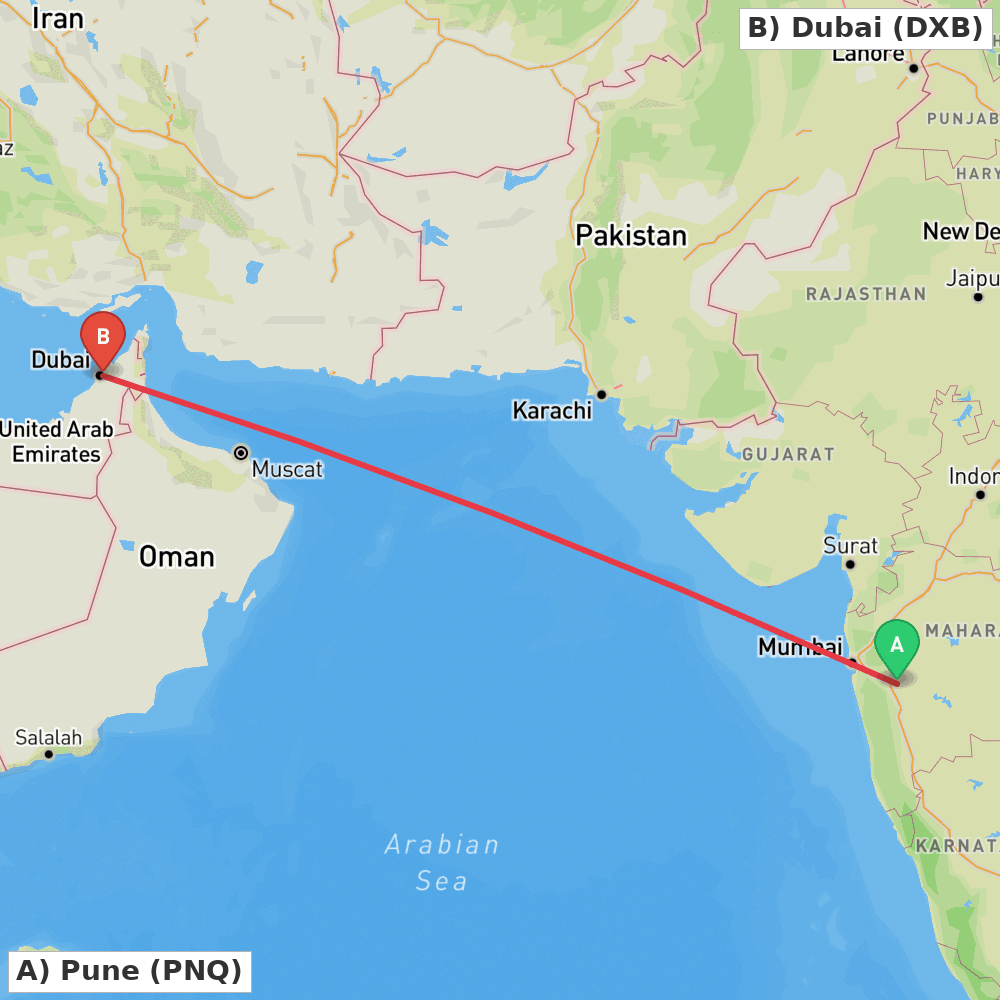 Flight route map from Pune to Dubai