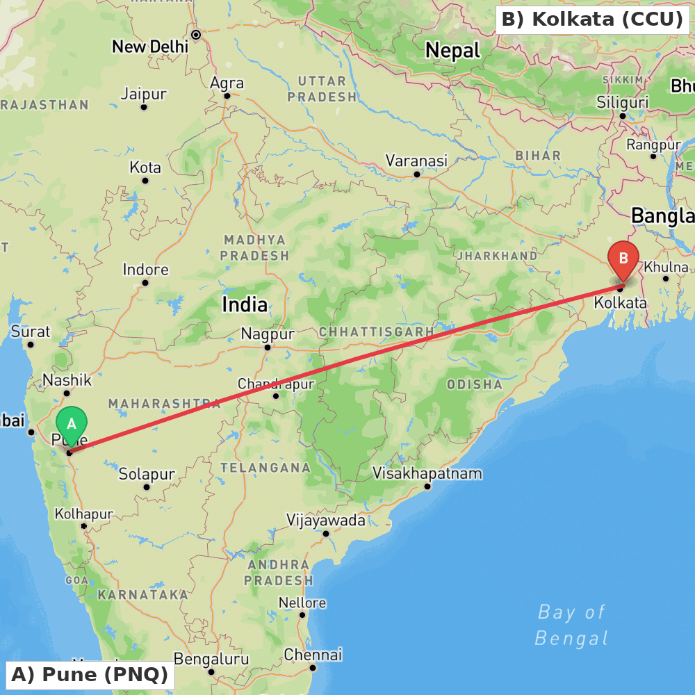 Flight route map from Pune to Kolkata