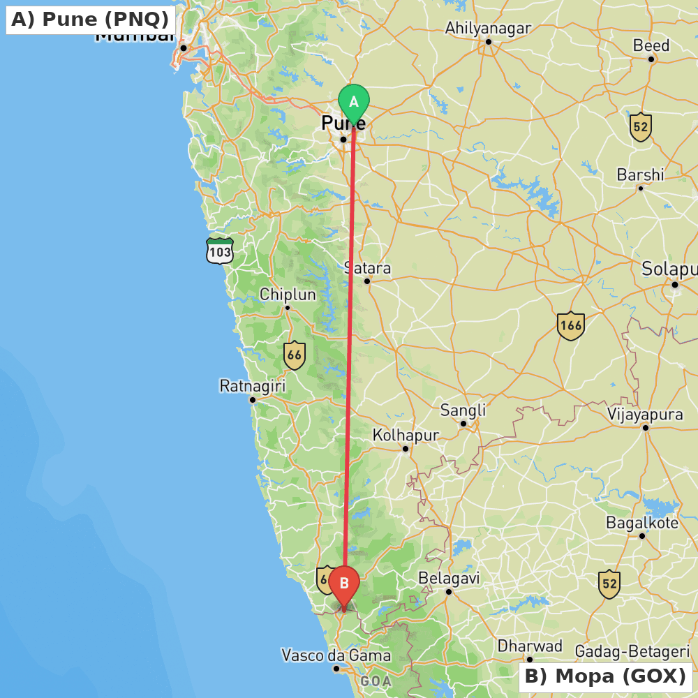 Flight route map from Pune to Mopa