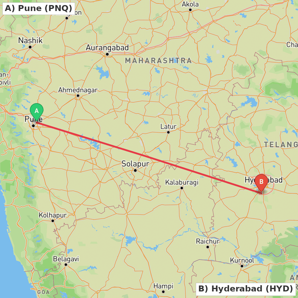 Flight route map from Pune to Hyderabad