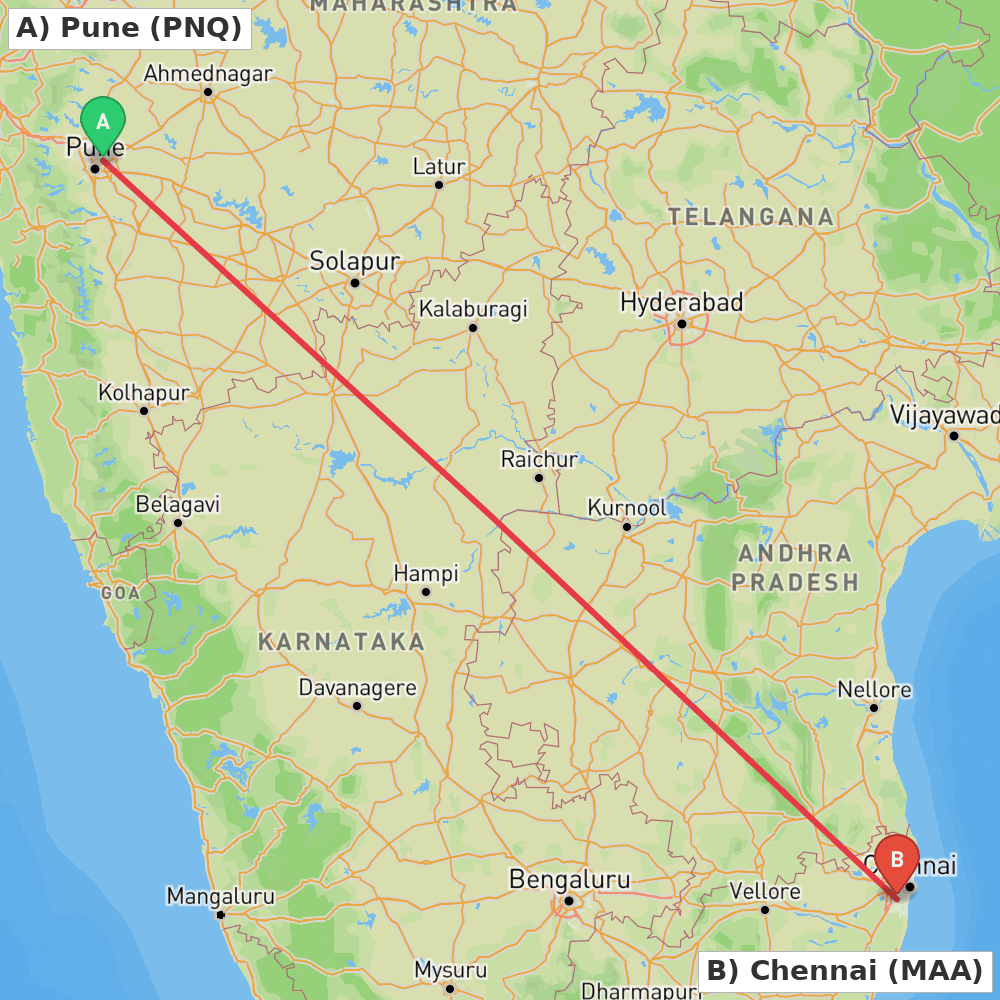 Flight route map from Pune to Chennai