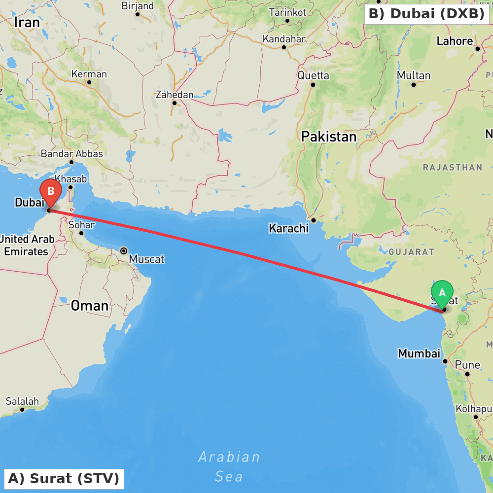 Flight route map from Surat to Dubai