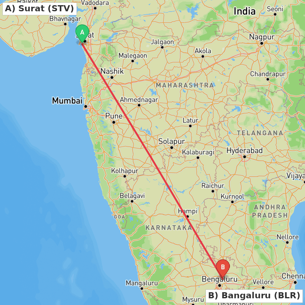 Flight route map from Surat to Bangaluru