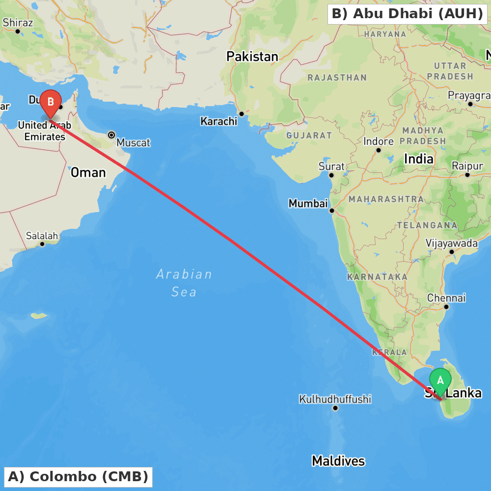 Flight route map from Colombo to Abu Dhabi