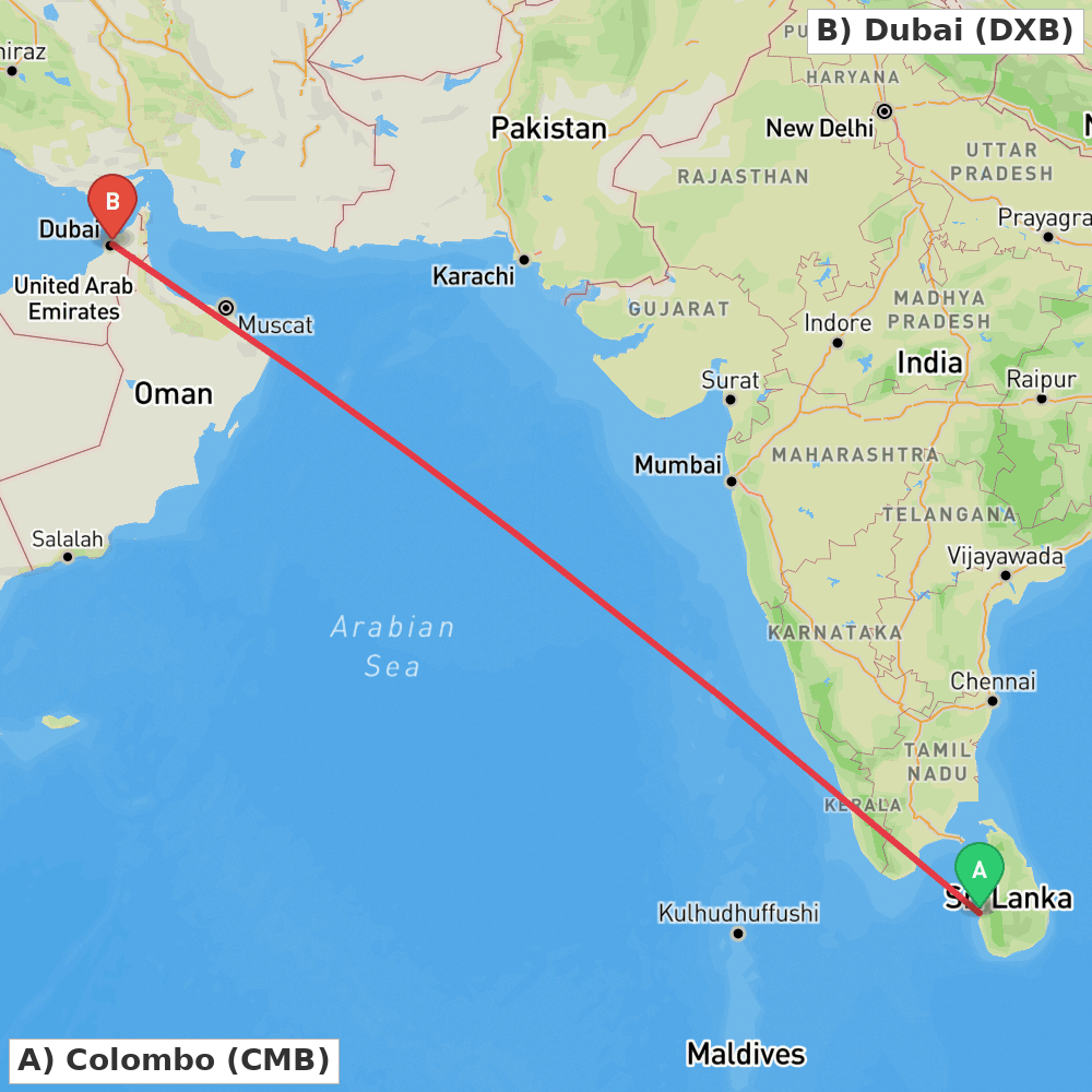 Flight route map from Colombo to Dubai