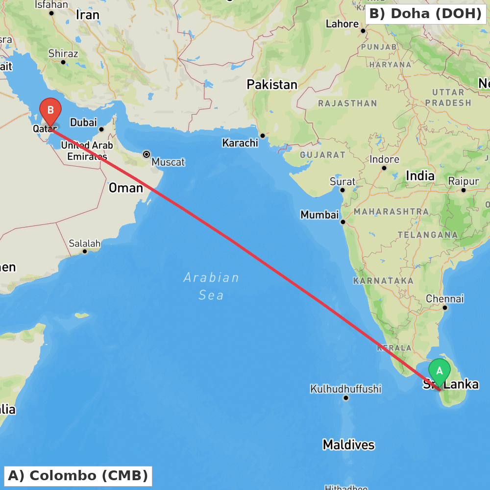Flight route map from Colombo to Doha