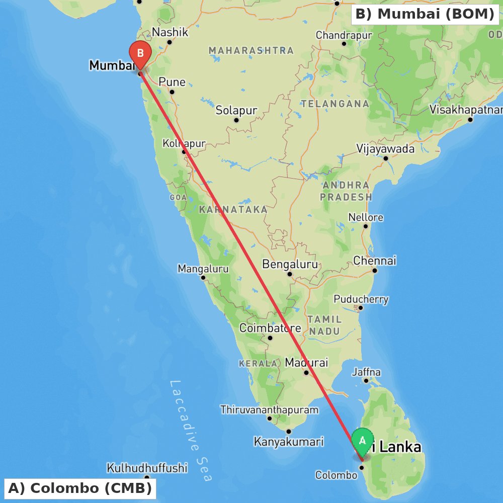 Flight route map from Colombo to Mumbai