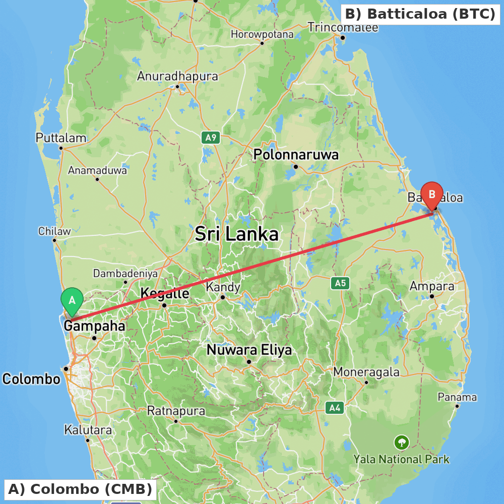 Flight route map from Colombo to Batticaloa
