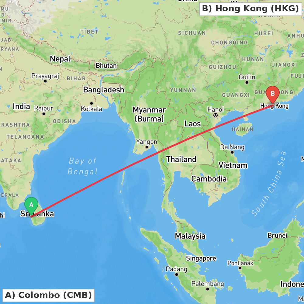 Flight route map from Colombo to Hong Kong
