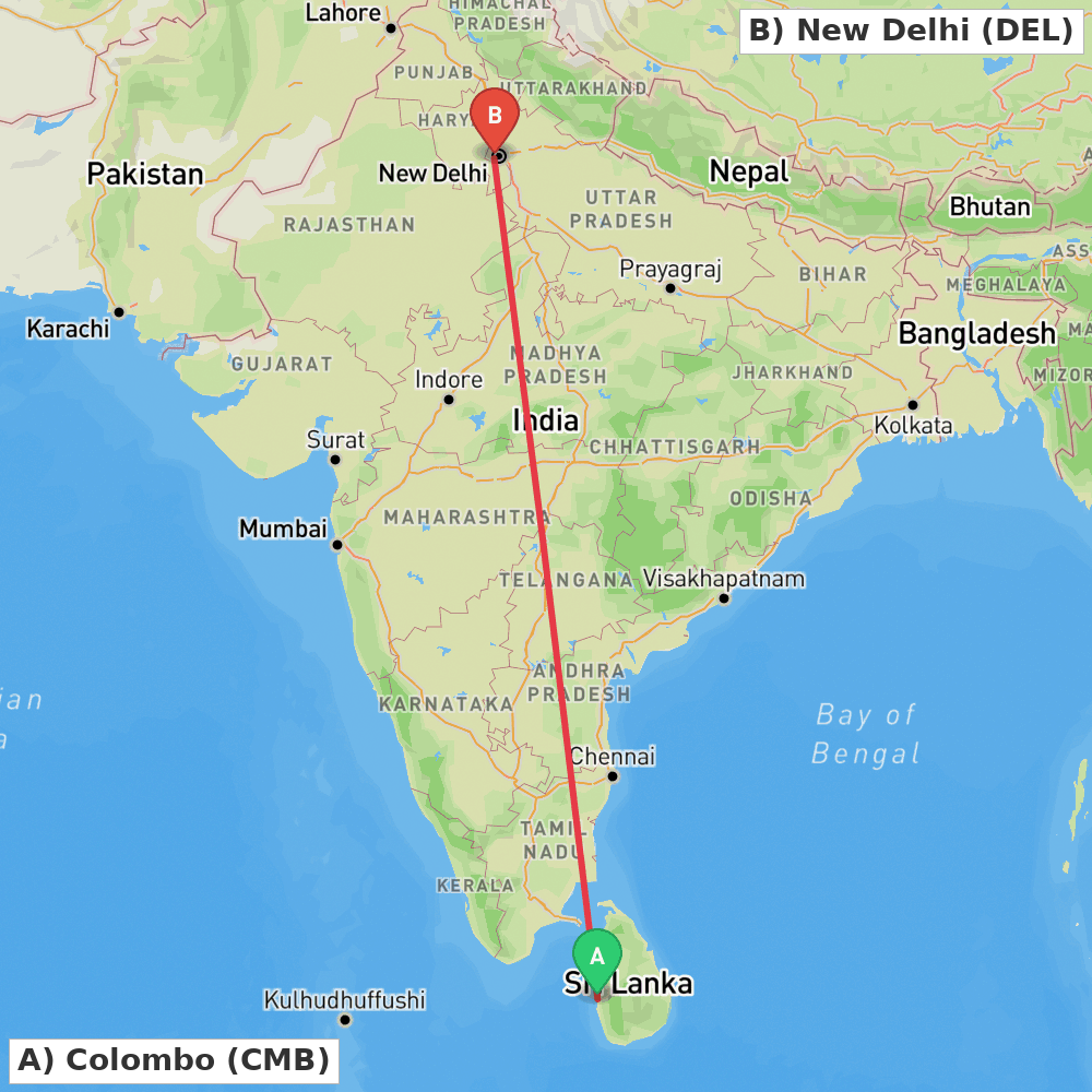Flight route map from Colombo to New Delhi