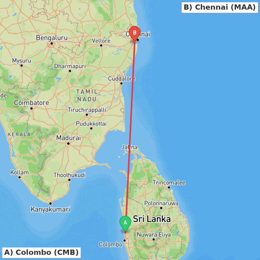 Flight route map from Colombo to Chennai