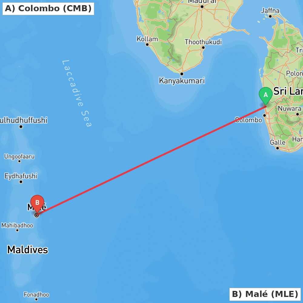 Flight route map from Colombo to Malé