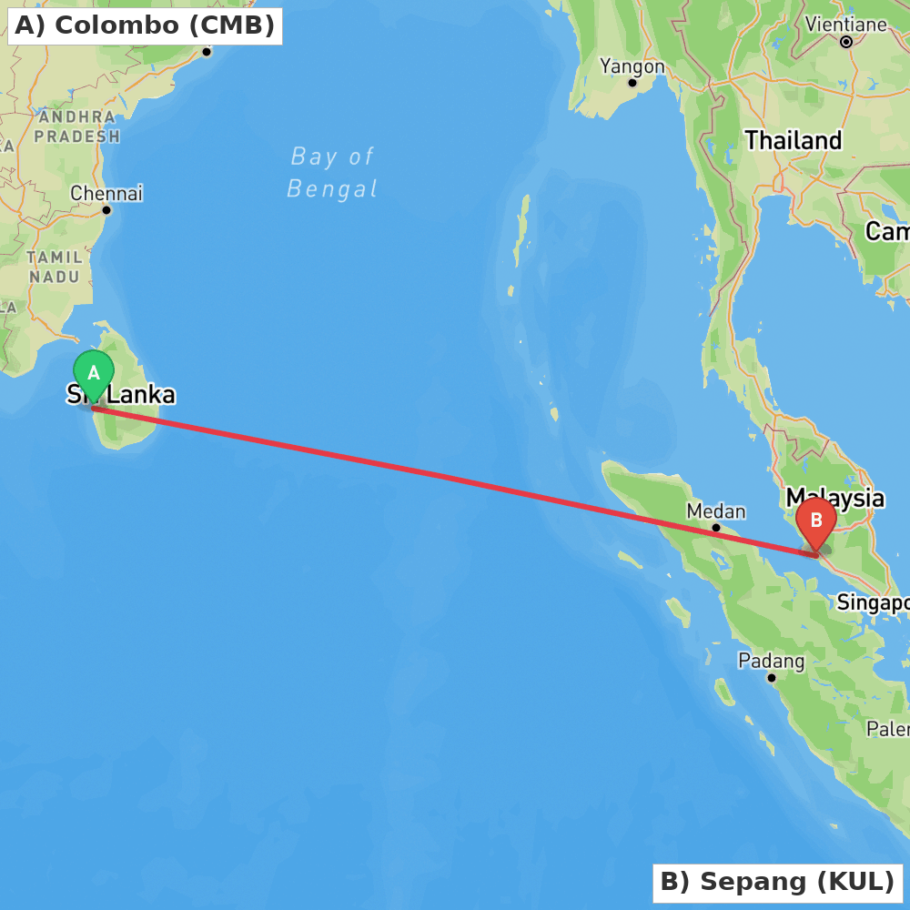 Flight route map from Colombo to Sepang