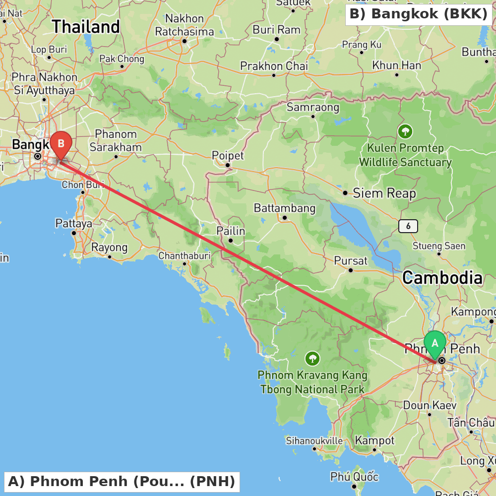 Flight route map from Phnom Penh (Pou Senchey) to Bangkok