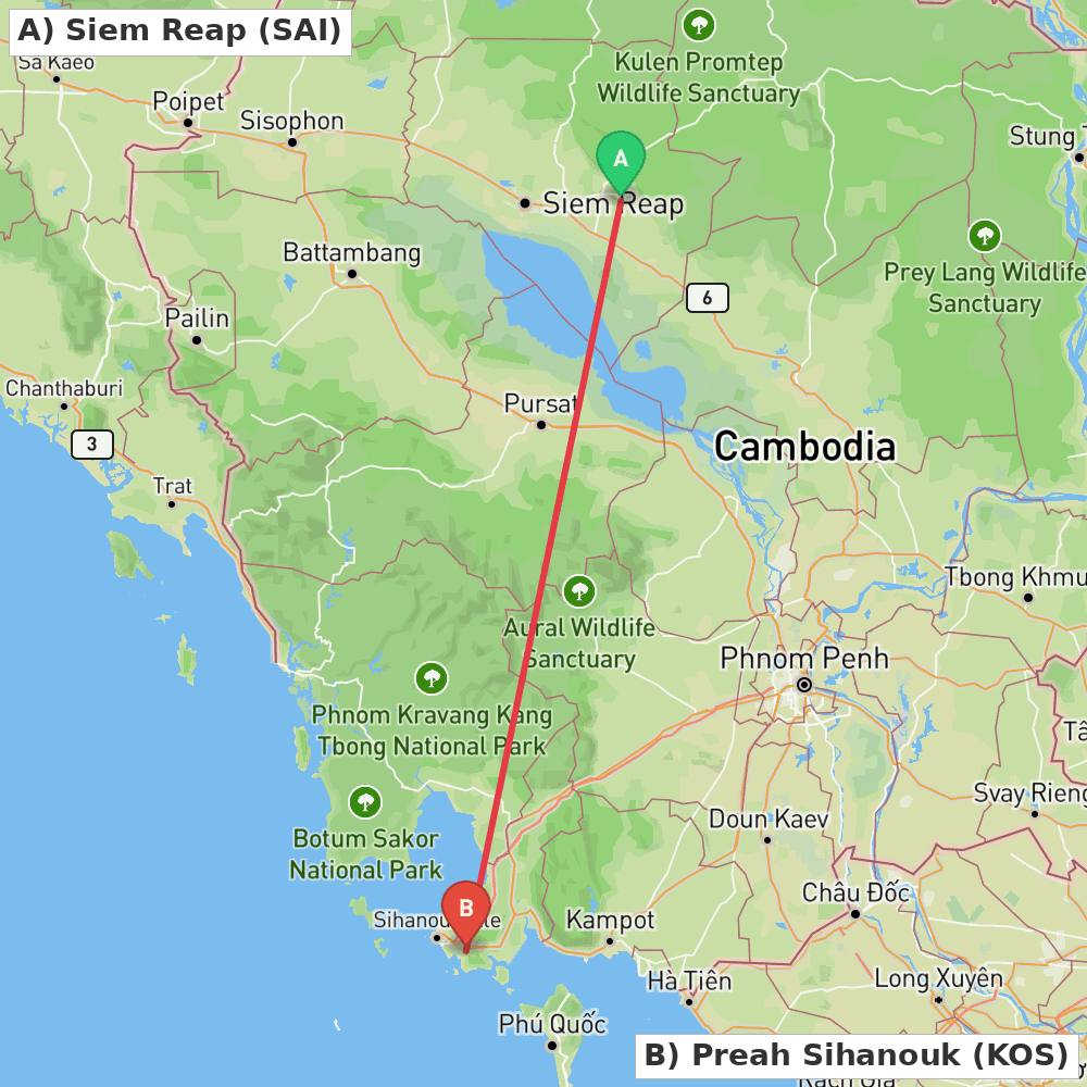 Flight route map from Siem Reap to Preah Sihanouk