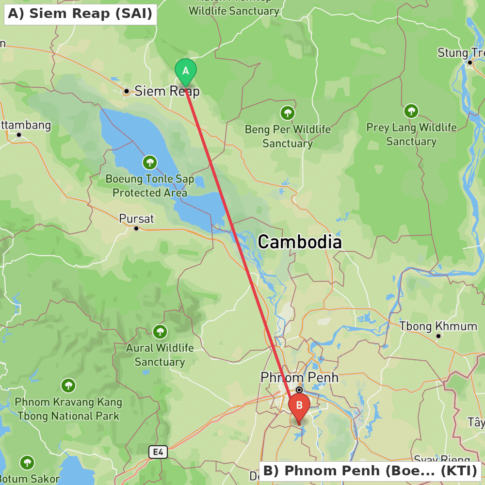 Flight route map from Siem Reap to Phnom Penh (Boeng Khyang)