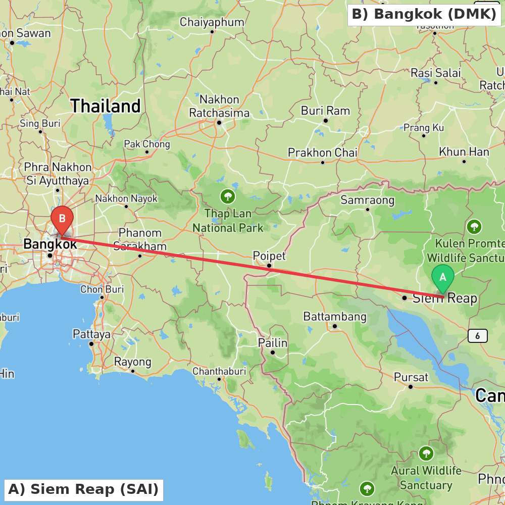 Flight route map from Siem Reap to Bangkok
