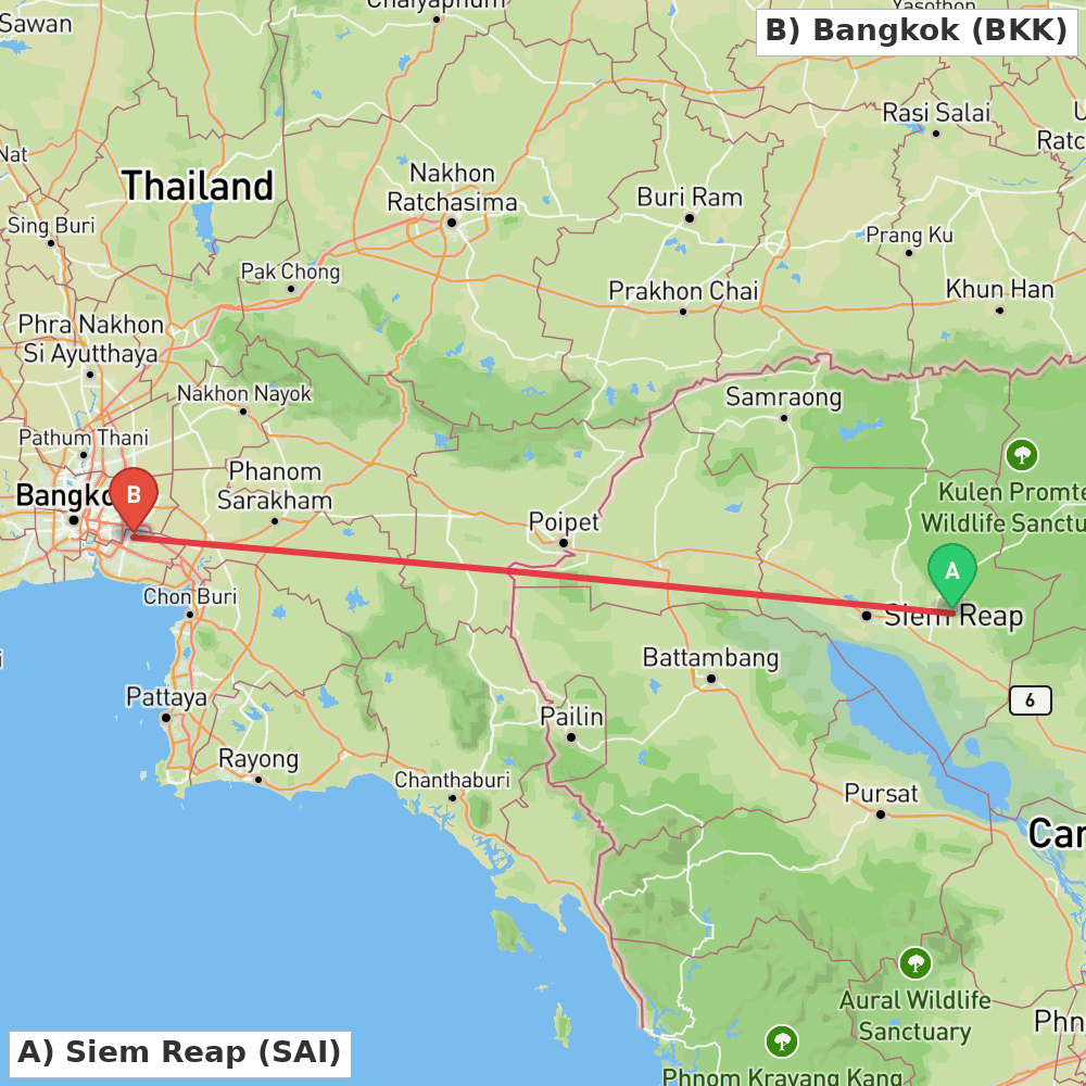 Flight route map from Siem Reap to Bangkok