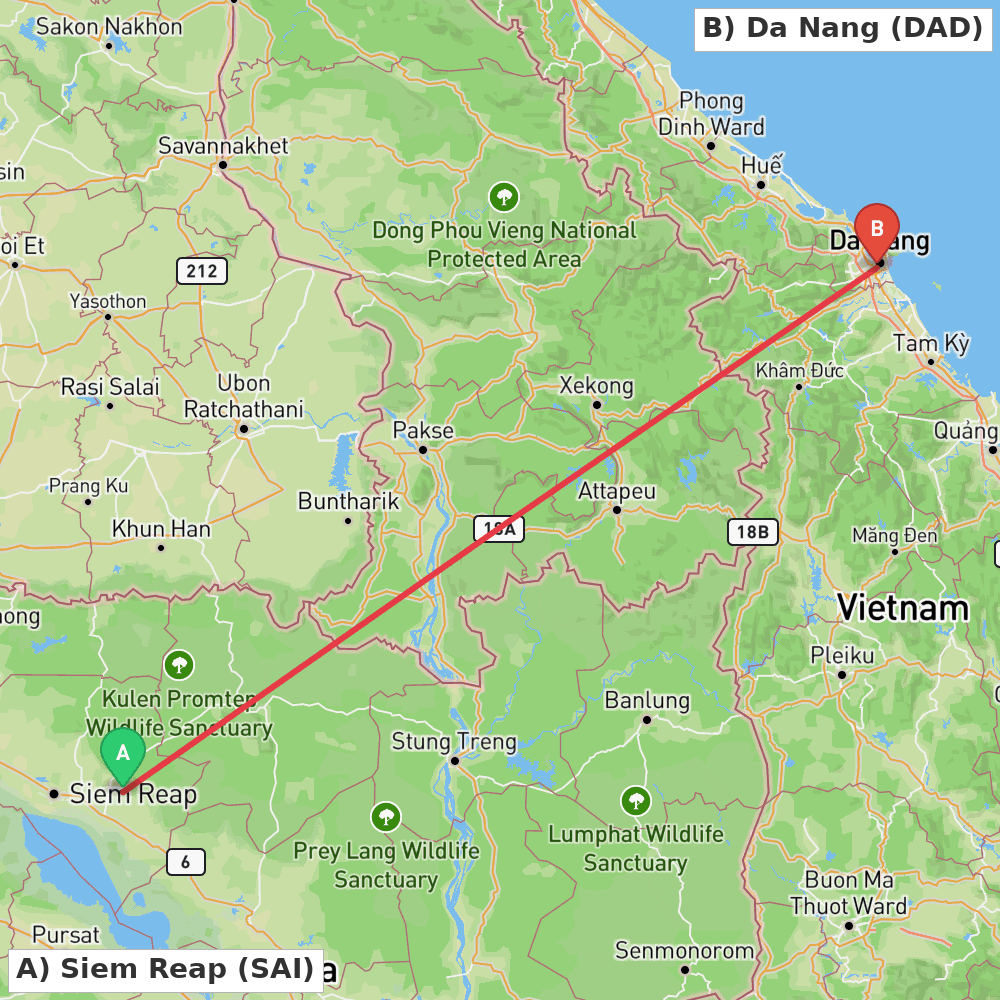 Flight route map from Siem Reap to Da Nang
