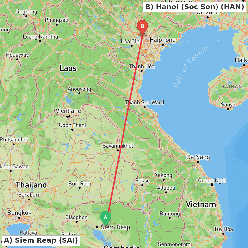 Flight route map from Siem Reap to Hanoi (Soc Son)