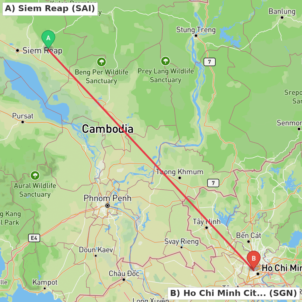 Flight route map from Siem Reap to Ho Chi Minh City