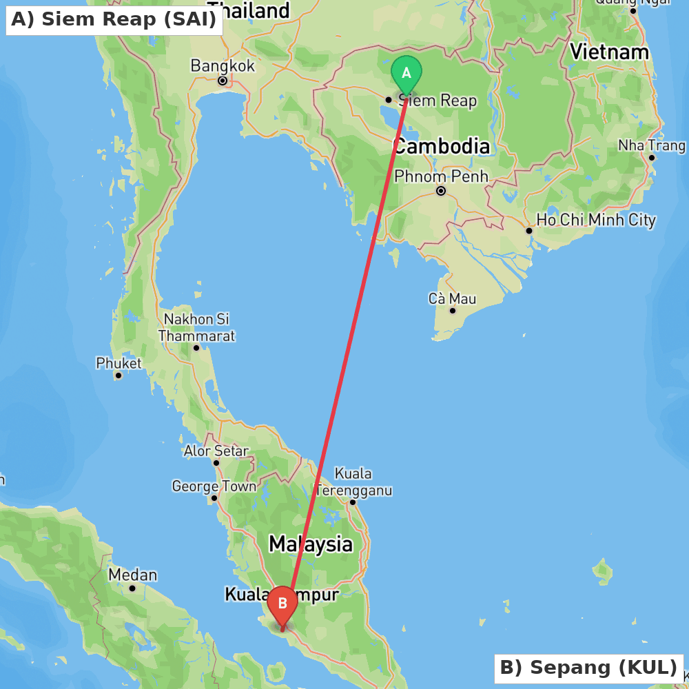 Flight route map from Siem Reap to Sepang