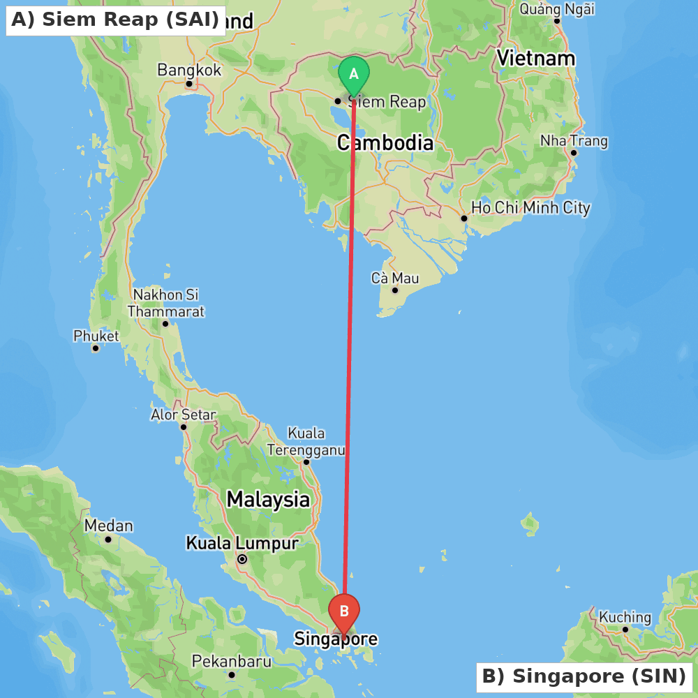 Flight route map from Siem Reap to Singapore