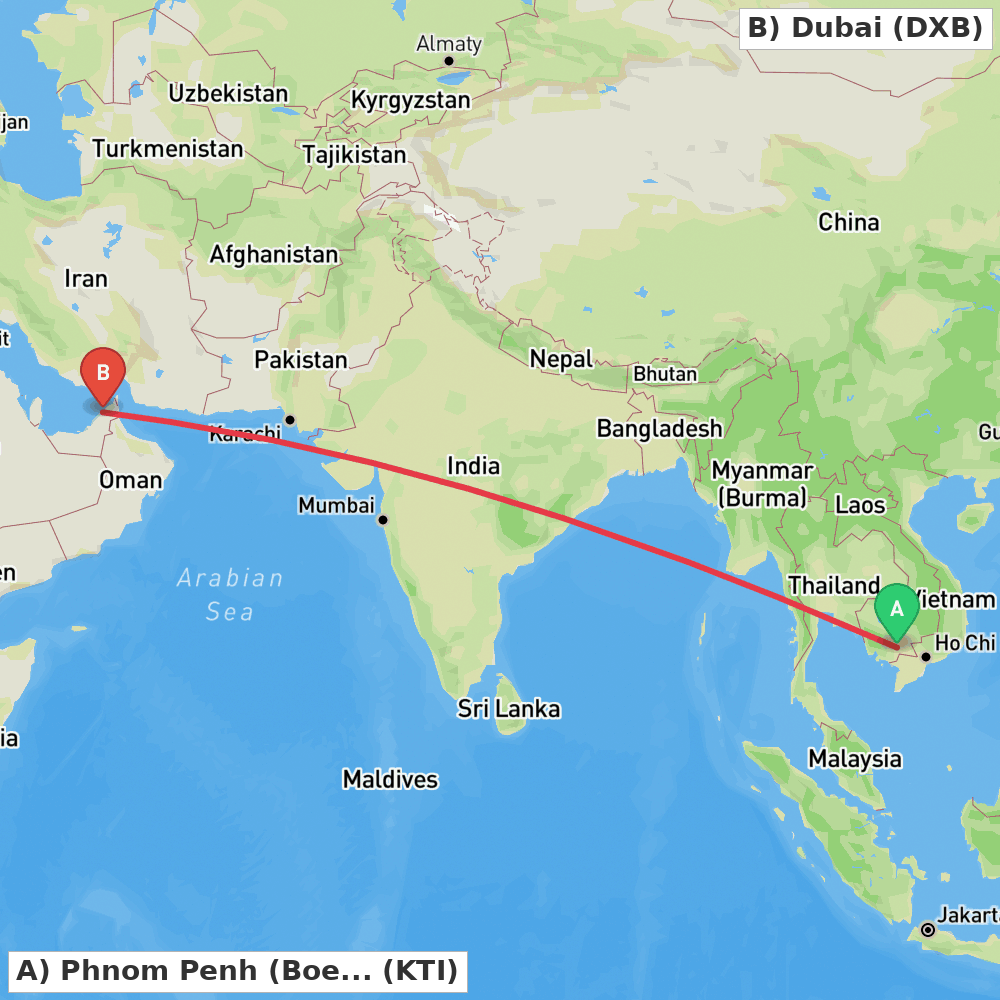 Flight route map from Phnom Penh (Boeng Khyang) to Dubai