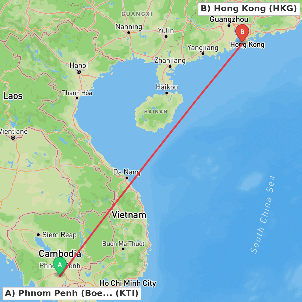 Flight route map from Phnom Penh (Boeng Khyang) to Hong Kong