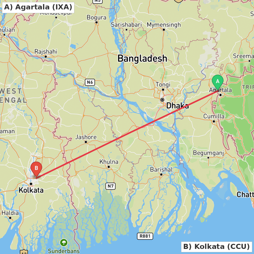 Flight route map from Agartala to Kolkata