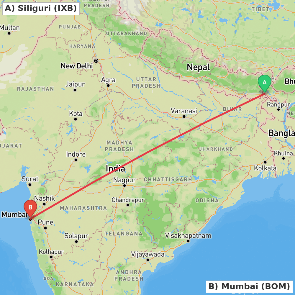 Flight route map from Siliguri to Mumbai