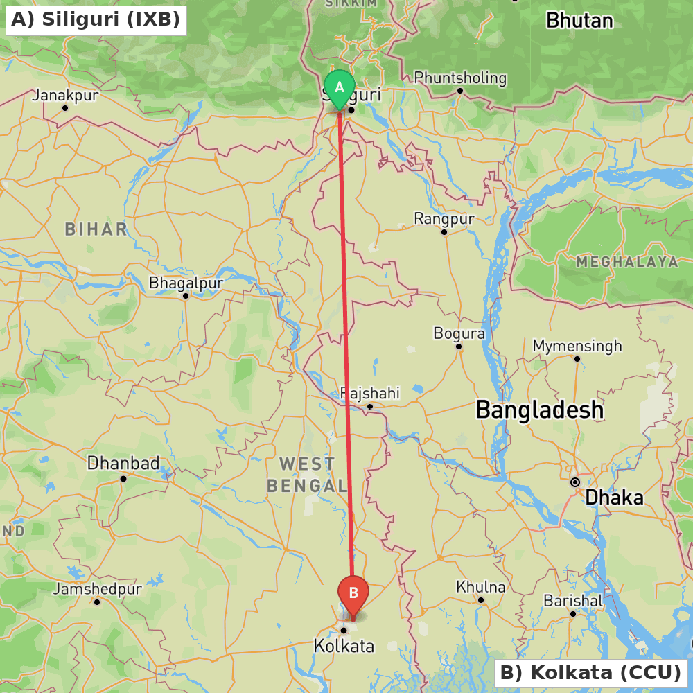 Flight route map from Siliguri to Kolkata
