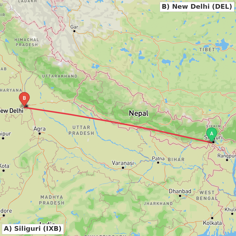 Flight route map from Siliguri to New Delhi