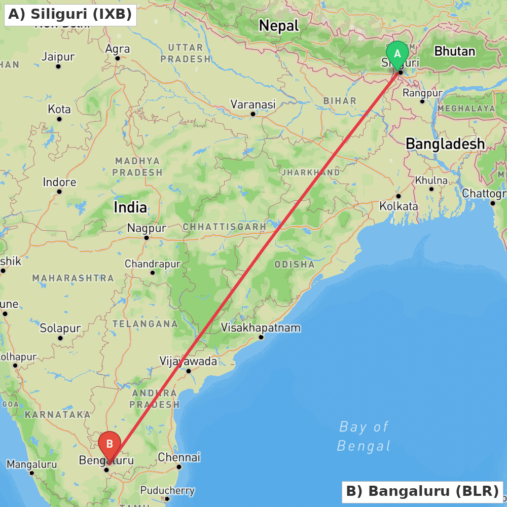 Flight route map from Siliguri to Bangaluru