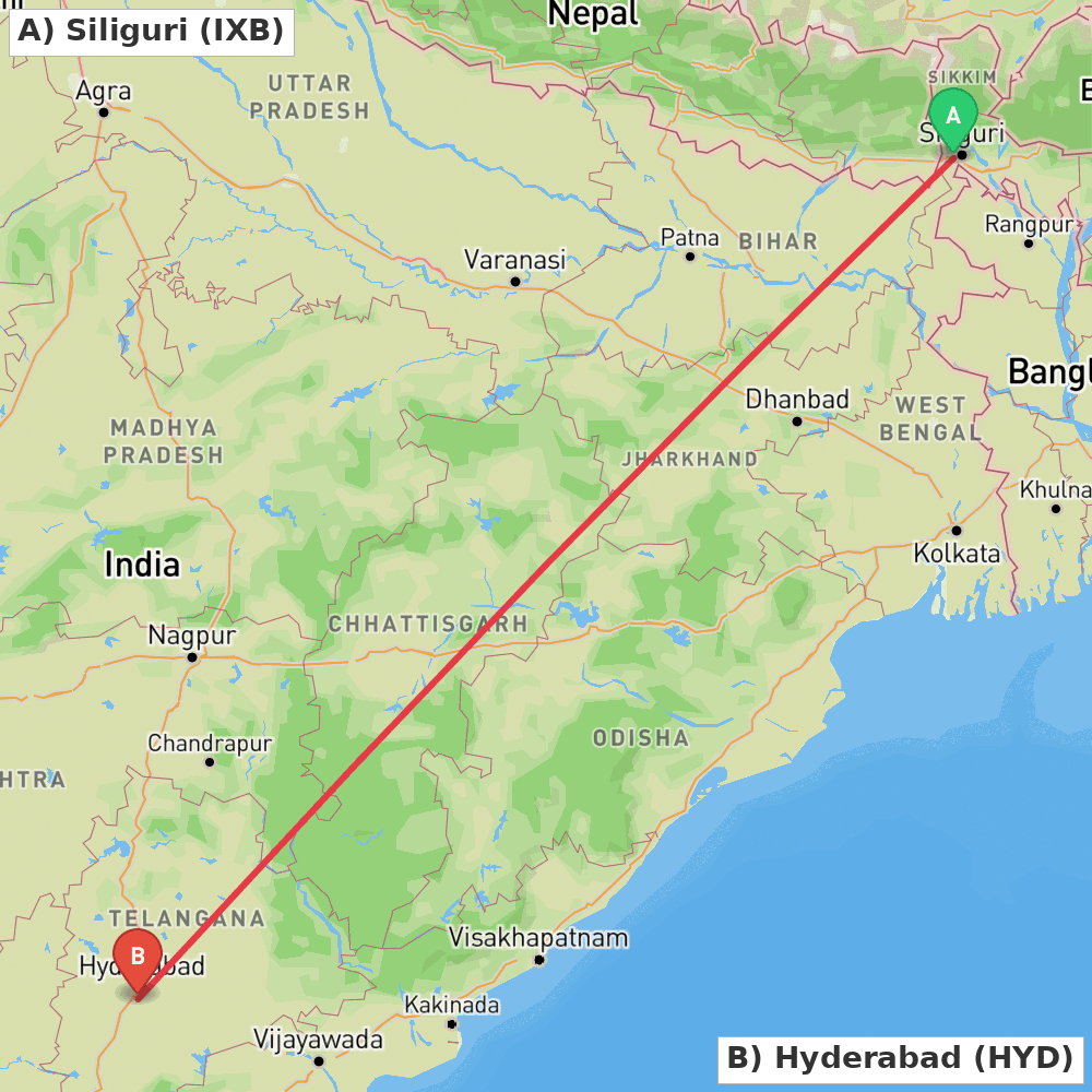 Flight route map from Siliguri to Hyderabad
