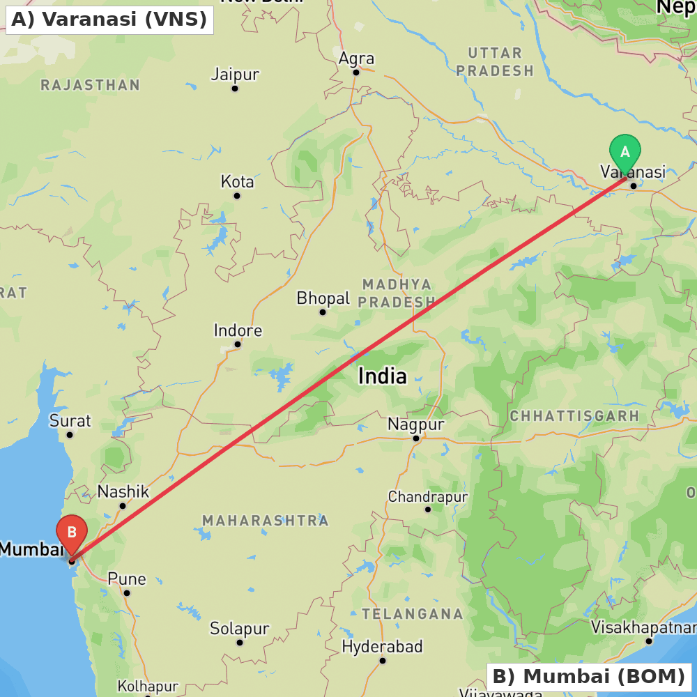 Flight route map from Varanasi to Mumbai