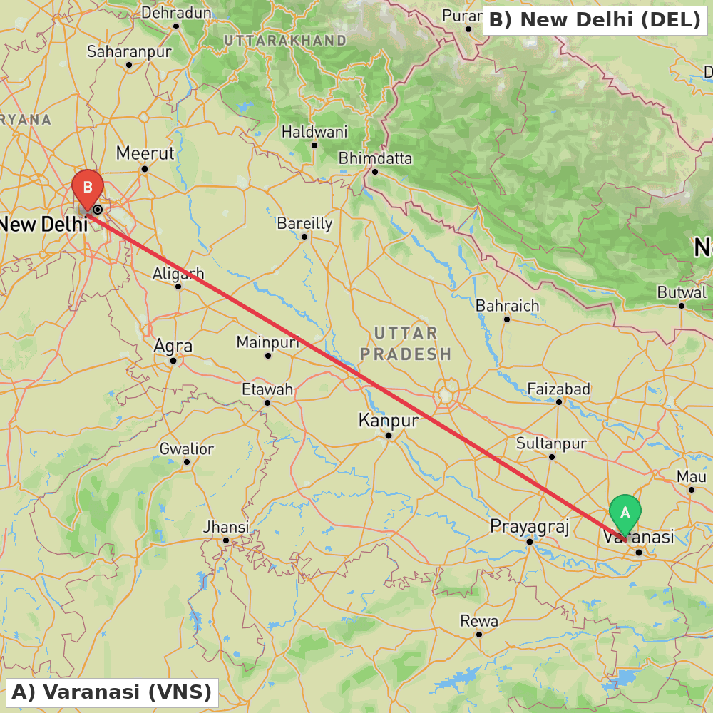 Flight route map from Varanasi to New Delhi