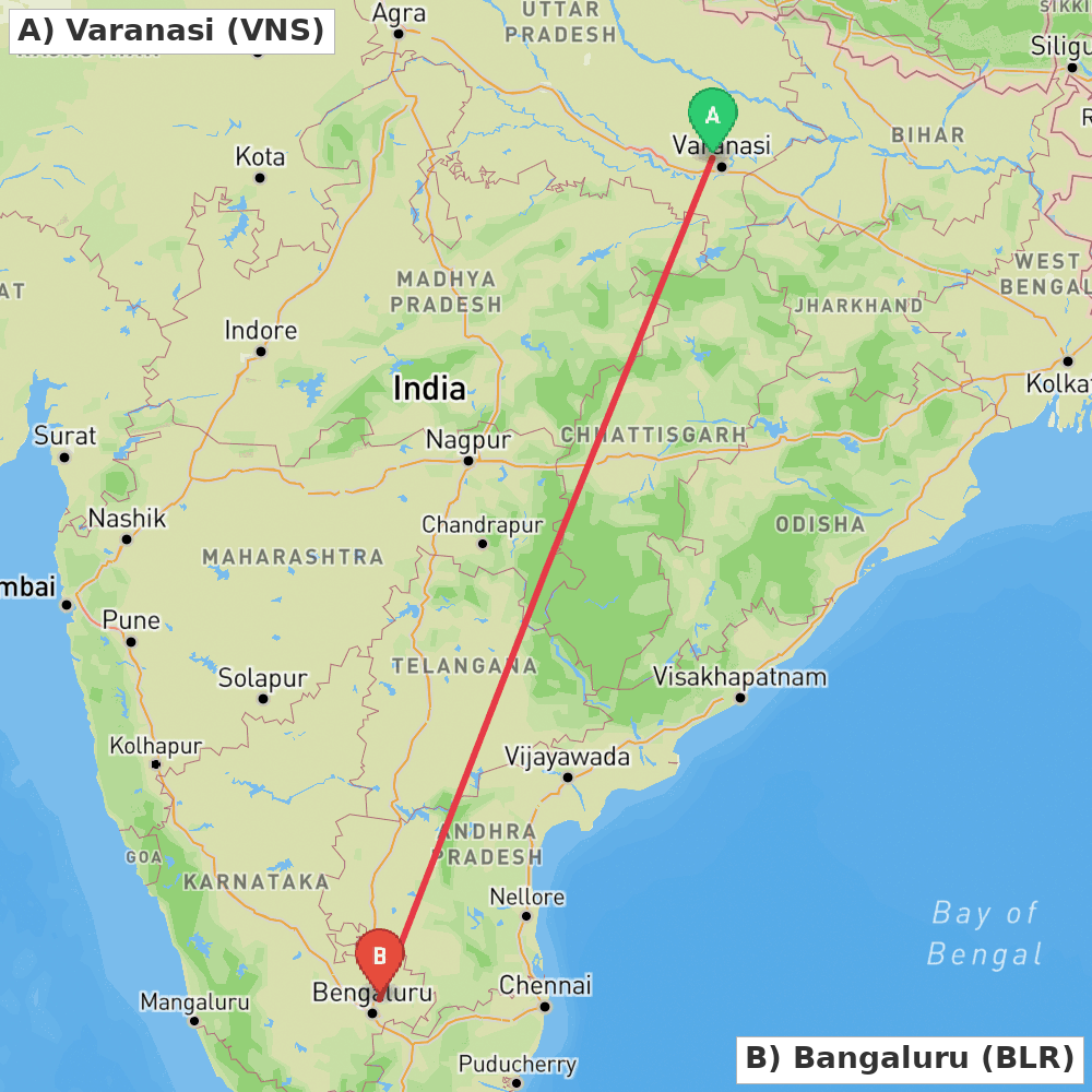 Flight route map from Varanasi to Bangaluru