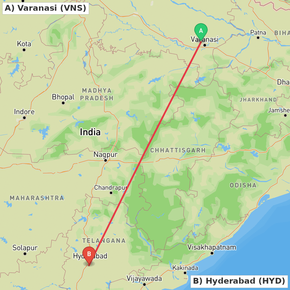 Flight route map from Varanasi to Hyderabad