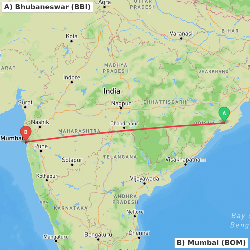 Flight route map from Bhubaneswar to Mumbai