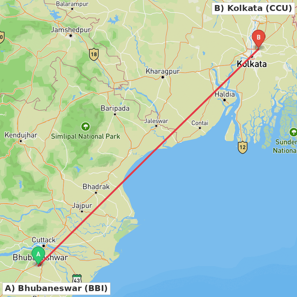Flight route map from Bhubaneswar to Kolkata